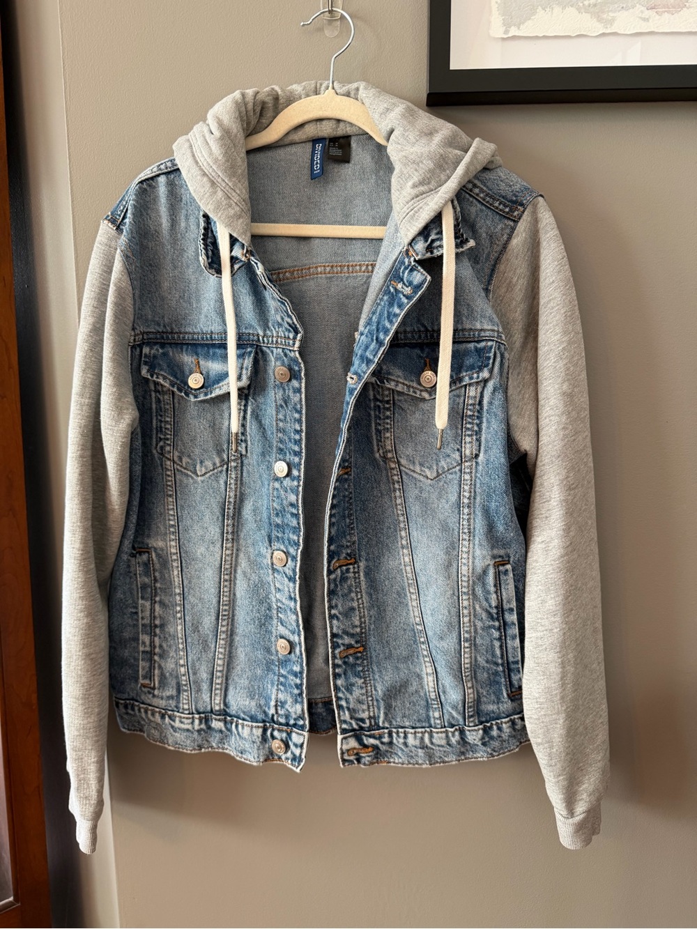 Divided by H&M Light Blue Denim Jacket with Grey Hoodie Sleeves. Medium